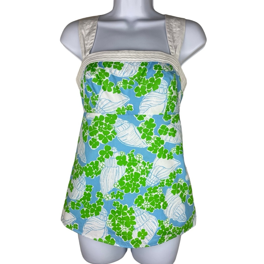 Lilly Pulitzer Floral Shell Print Empire Waist Summer Top Blue Green Size 2